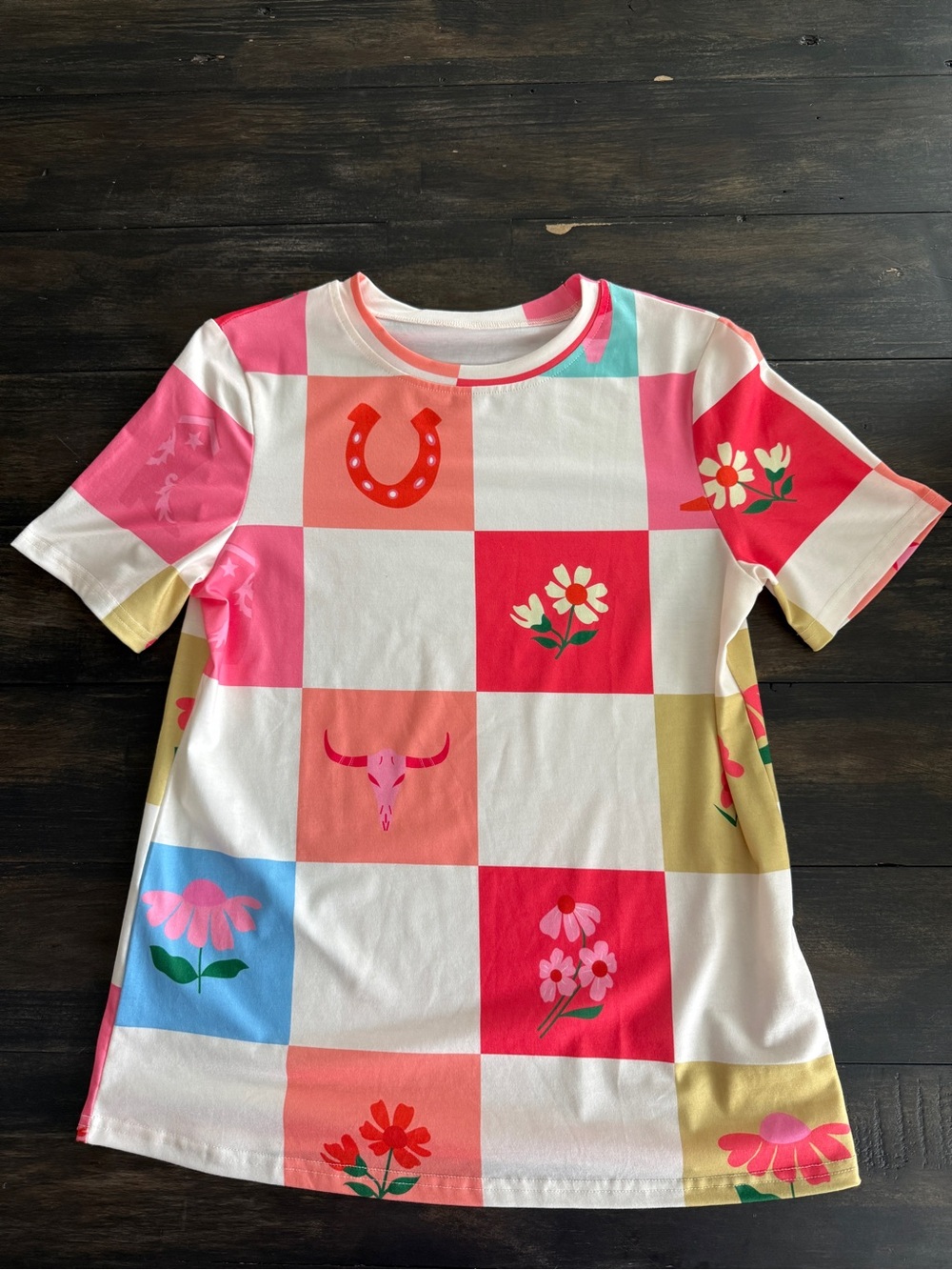 Western Checker Tee in Pink & White